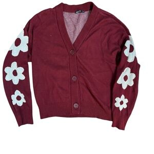 Nikkak Floral Sleeve Burgundy Button Front Cardigan Sweater Sz M